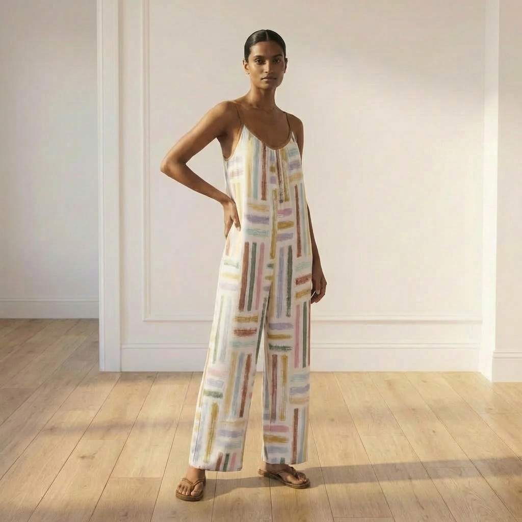 Colorful Boho Jumpsuit for Women | Wide Leg Summer Romper | Casual Sleeveless Outfit with Pockets