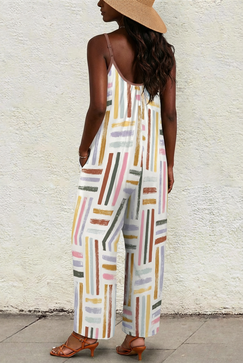 Colorful Boho Jumpsuit for Women | Wide Leg Summer Romper | Casual Sleeveless Outfit with Pockets