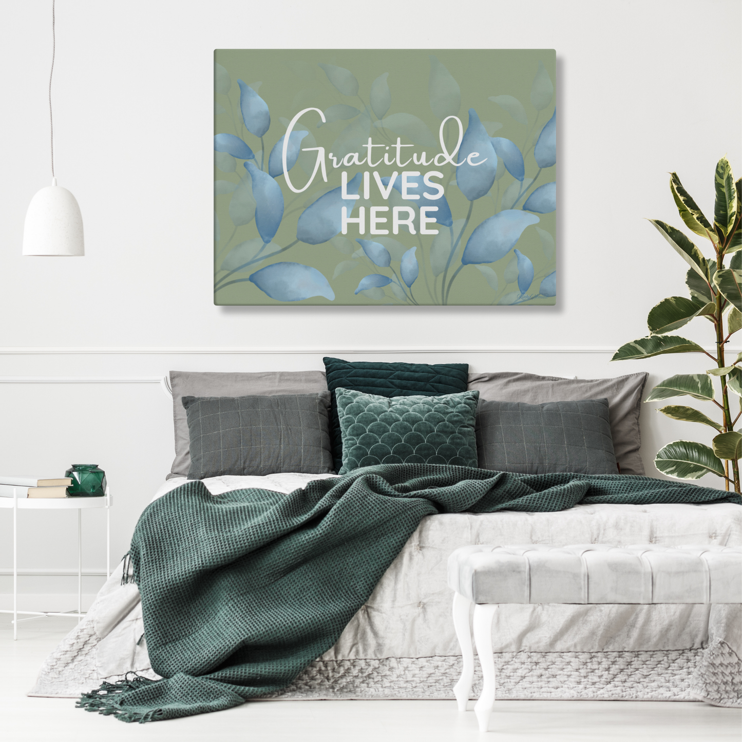 Gratitude Lives Here Canvas Wall Art – Inspirational Quote Print | Modern Botanical Home Decor | 4 Sizes