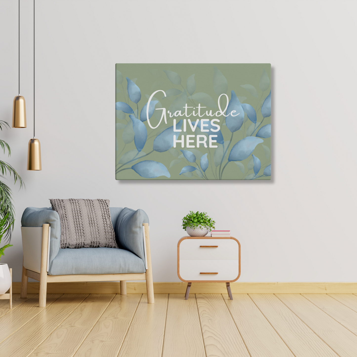 Gratitude Lives Here Canvas Wall Art – Inspirational Quote Print | Modern Botanical Home Decor | 4 Sizes