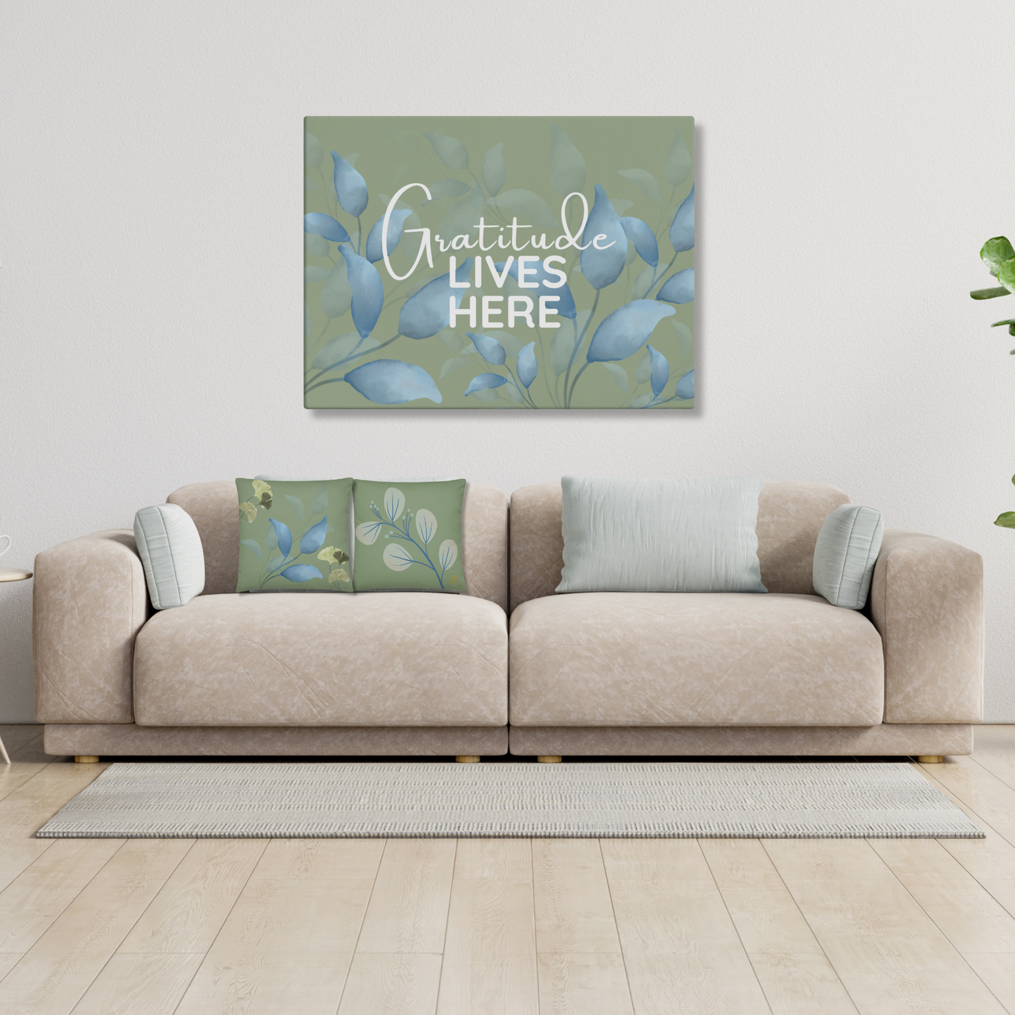 Gratitude Lives Here Canvas Wall Art – Inspirational Quote Print | Modern Botanical Home Decor | 4 Sizes