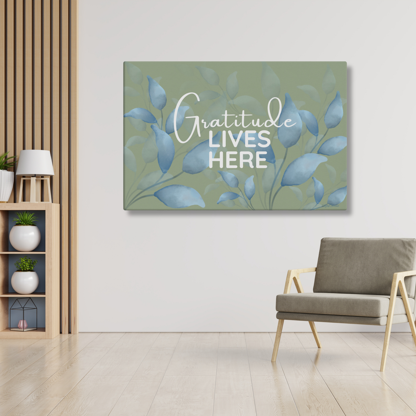 Gratitude Lives Here Canvas Wall Art – Inspirational Quote Print | Modern Botanical Home Decor | 4 Sizes