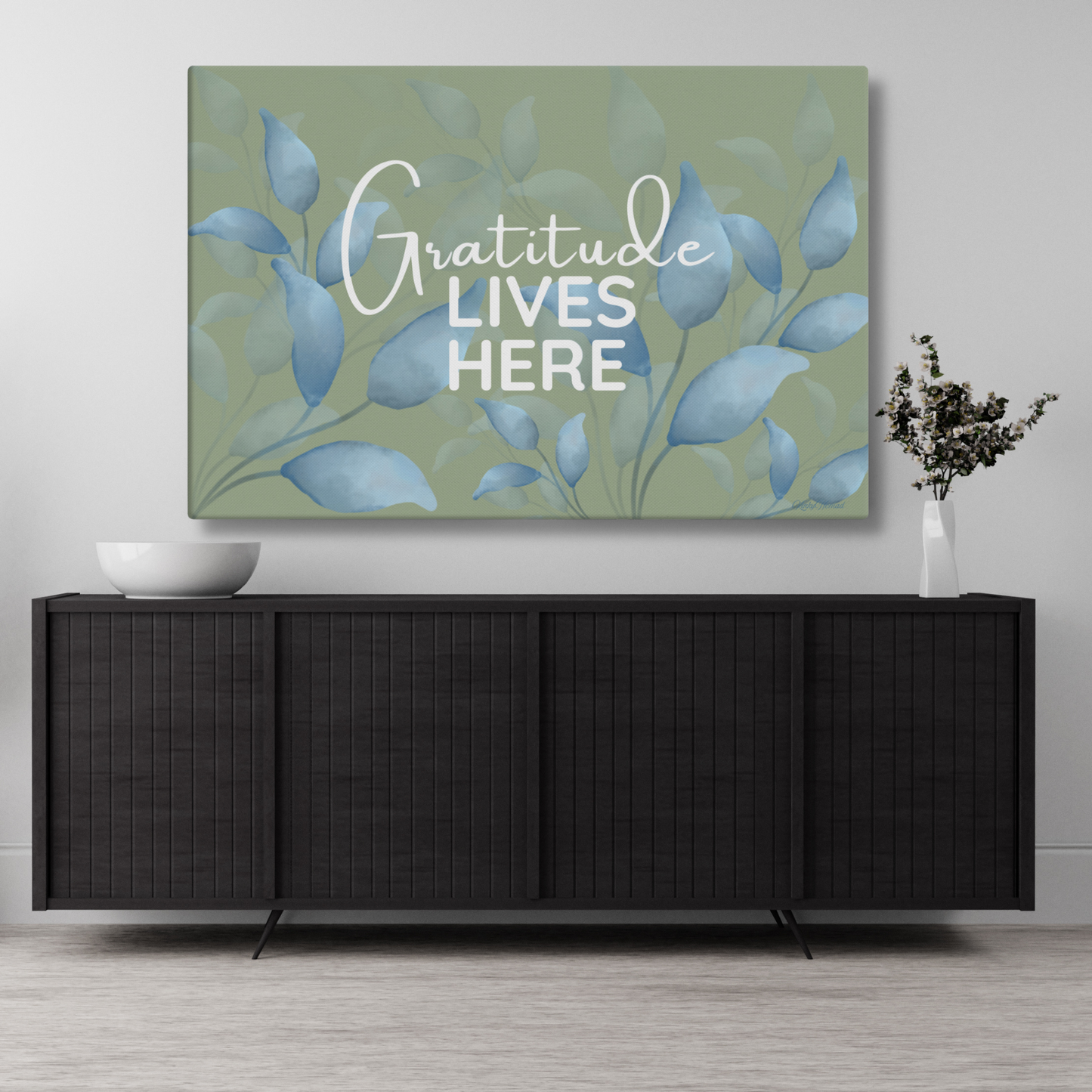 Gratitude Lives Here Canvas Wall Art – Inspirational Quote Print | Modern Botanical Home Decor | 4 Sizes