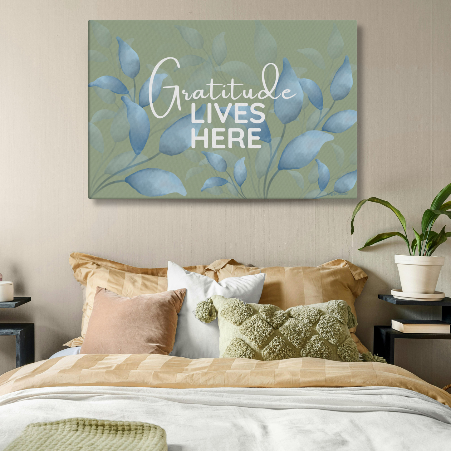 Gratitude Lives Here Canvas Wall Art – Inspirational Quote Print | Modern Botanical Home Decor | 4 Sizes