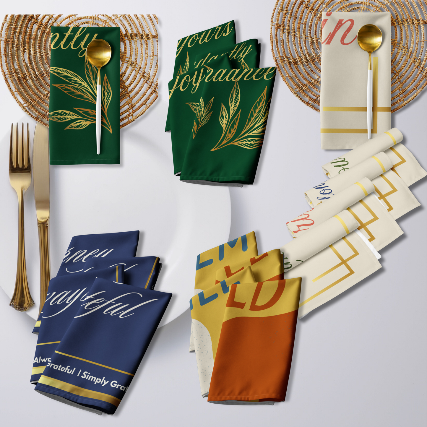 Cloth Napkin Set of 4 – Abundance, Connection, Calm & Wild, Gratitude | Reusable Fabric Dinner Napkins