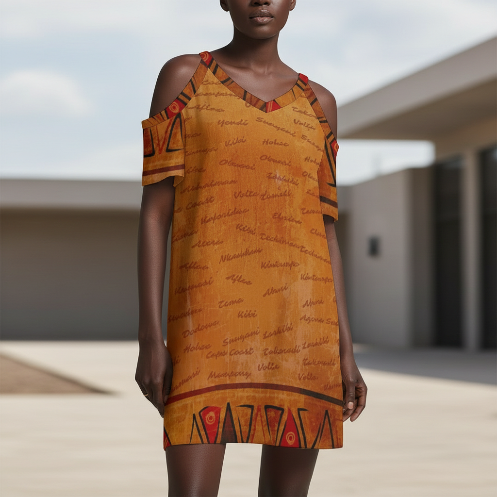 Ghana Inspired African Print Cold Shoulder Dress | Kinky Nomad
