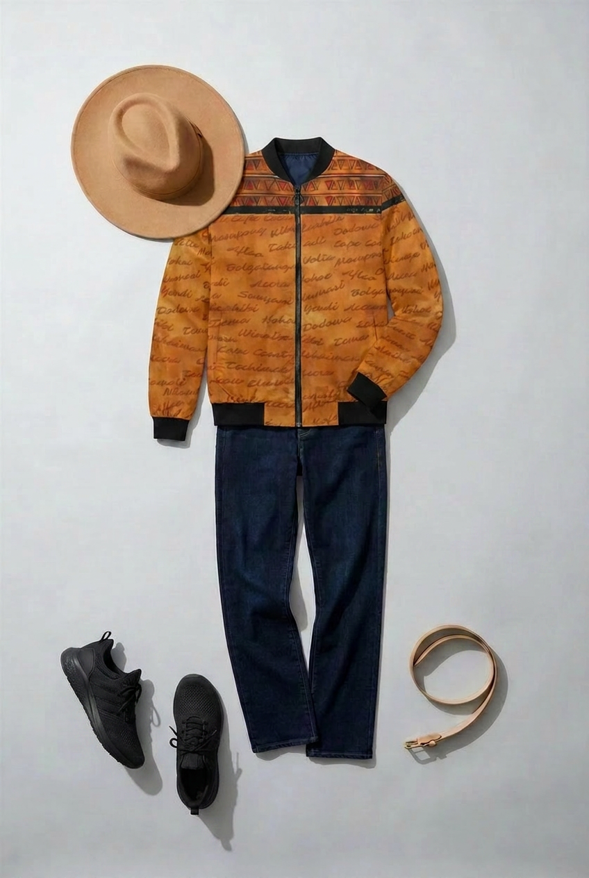 Ghana Print Bomber Jacket | All Roads Lead to Ghana | Kinky Nomad