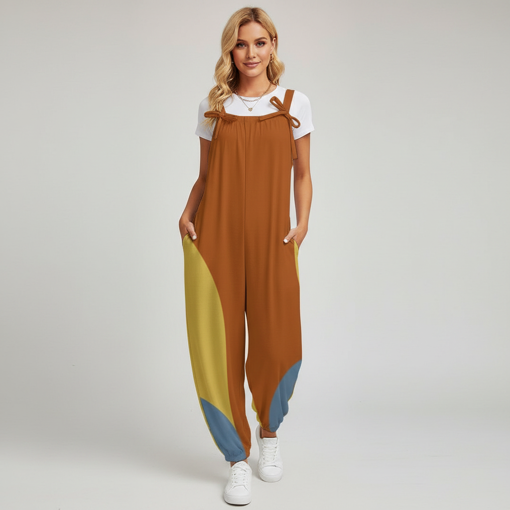 Mod Color Block Baggy Jumpsuit for Women | Retro Inspired Bow Strap Romper | Loose Fit Harem Jumpsuit with Pockets | Boho Casual Overalls