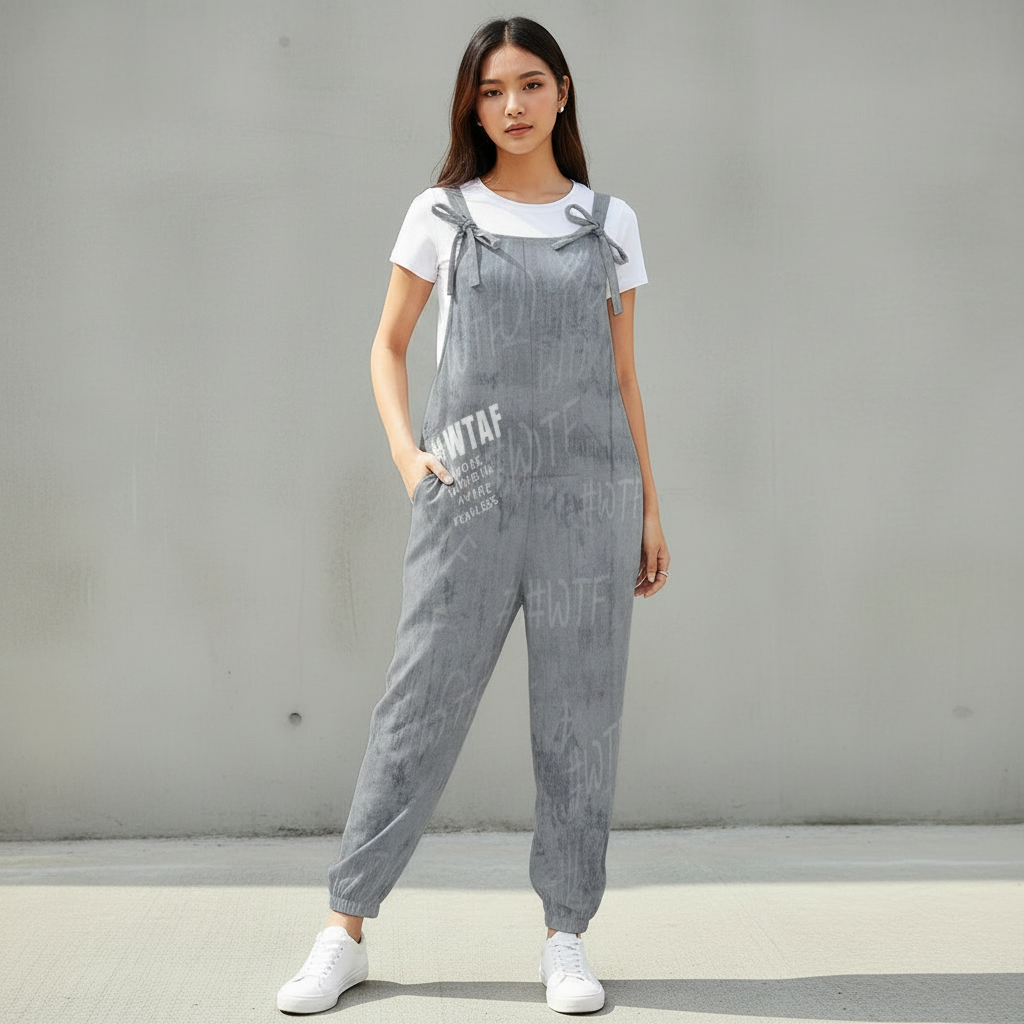 WTAF Baggy Jumpsuit – Oversized Bow Strap Streetwear Romper Baggy Suspender Jumpsuit