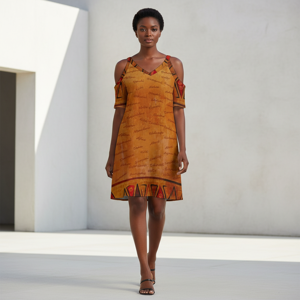 Ghana Inspired African Print Cold Shoulder Dress | Kinky Nomad