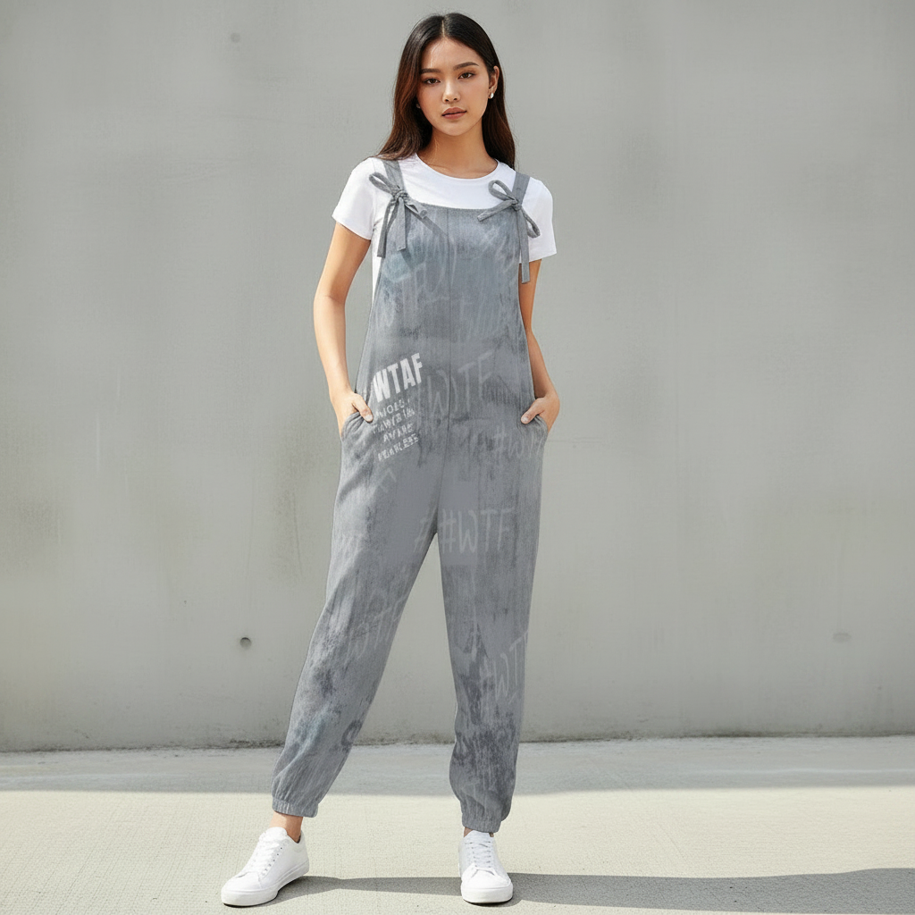 WTAF Baggy Jumpsuit – Oversized Bow Strap Streetwear Romper Baggy Suspender Jumpsuit