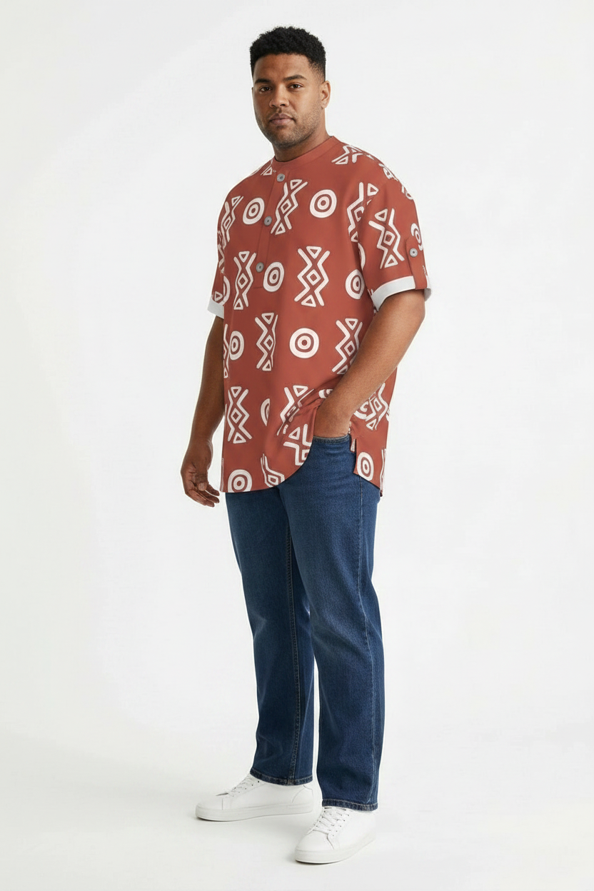 African Henley Shirt | Savanna Earth Adinkra-Inspired Short Sleeve | Savanna Collection | Kinky Nomad