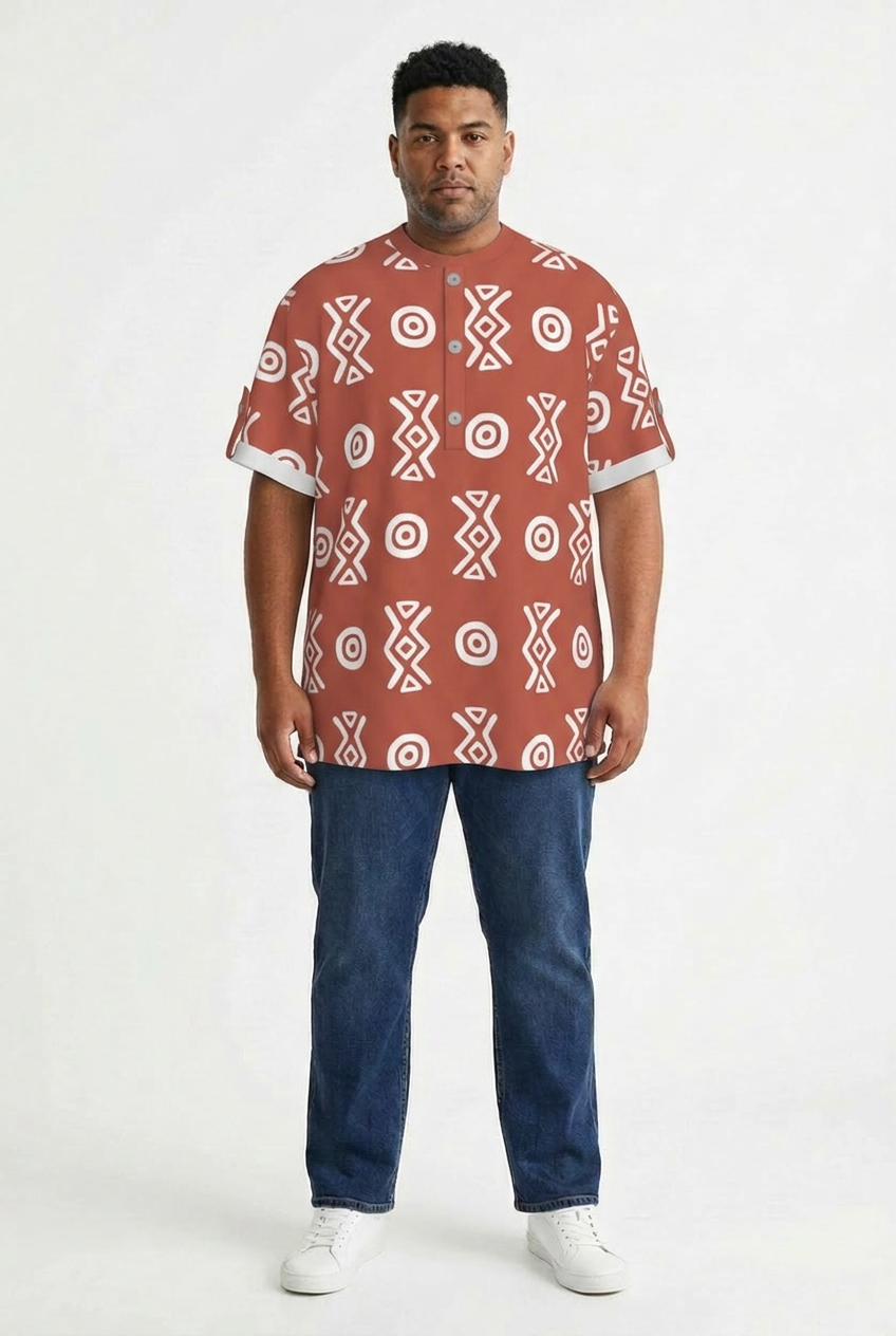 African Henley Shirt | Savanna Earth Adinkra-Inspired Short Sleeve | Savanna Collection | Kinky Nomad