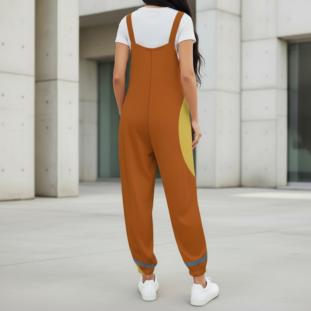 Mod Color Block Baggy Jumpsuit for Women | Retro Inspired Bow Strap Romper | Loose Fit Harem Jumpsuit with Pockets | Boho Casual Overalls