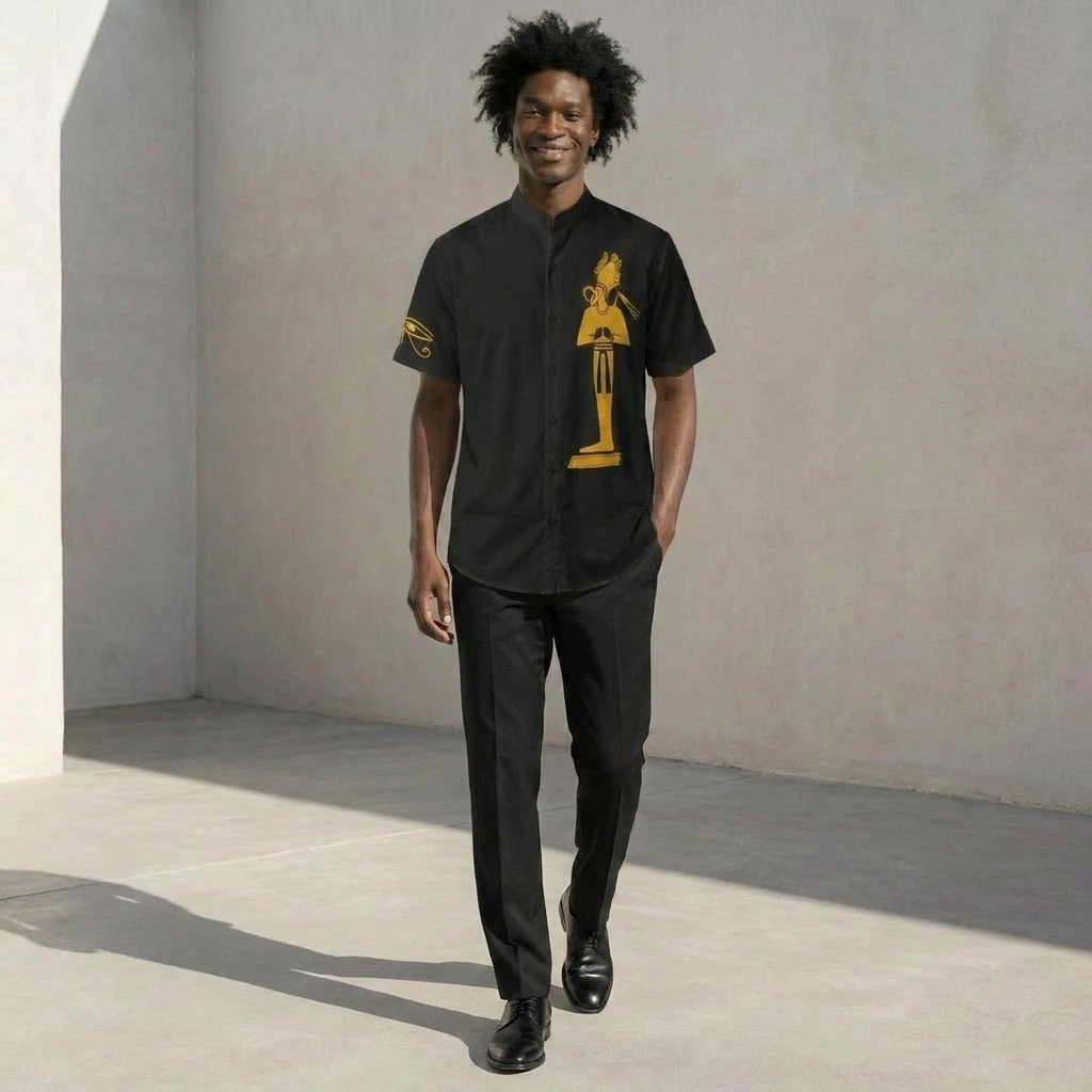 Stand Up Collar Shirt | Osiris Gold Print Ghana Ground | Kinky Nomad