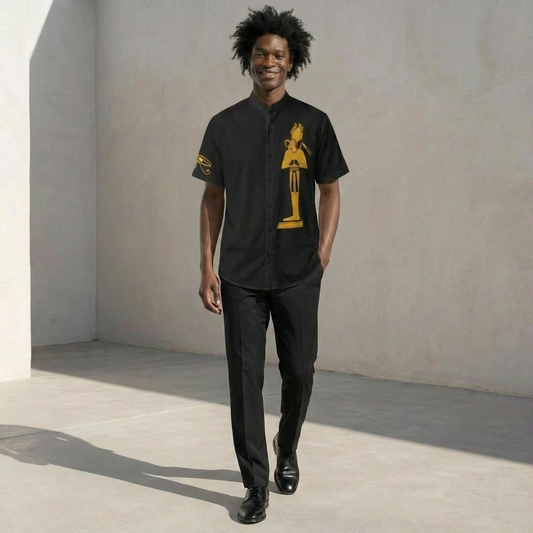 Stand Up Collar Shirt | Osiris Gold Print Ghana Ground | Kinky Nomad