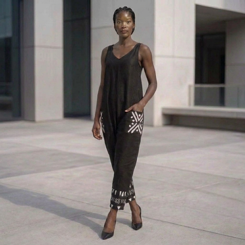 Bogolan Print V-Neck Jumpsuit | Afro Boho | Mud Cloth | Kinky Nomad