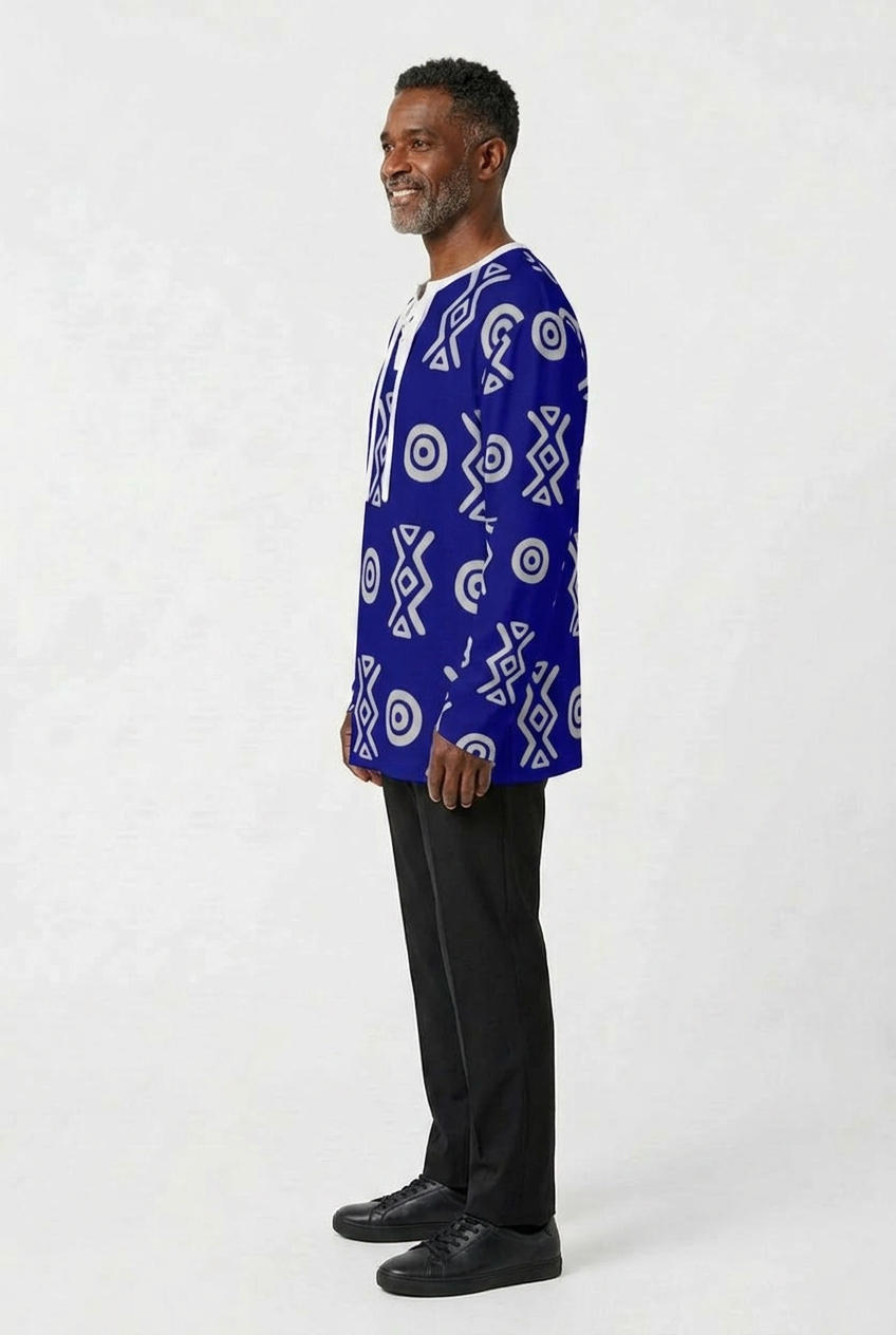 African Linen Shirt | Adinkra-Inspired Geometric Long Sleeve | Savanna Collection | Kinky Nomad
