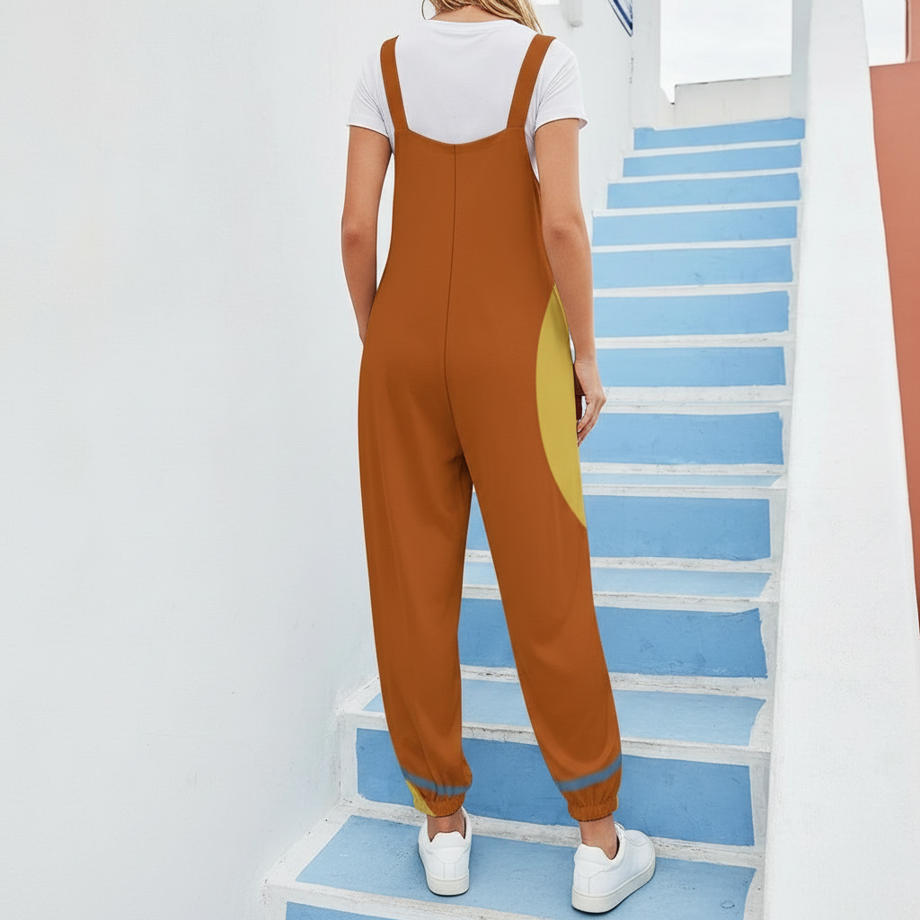 Mod Color Block Baggy Jumpsuit for Women | Retro Inspired Bow Strap Romper | Loose Fit Harem Jumpsuit with Pockets | Boho Casual Overalls