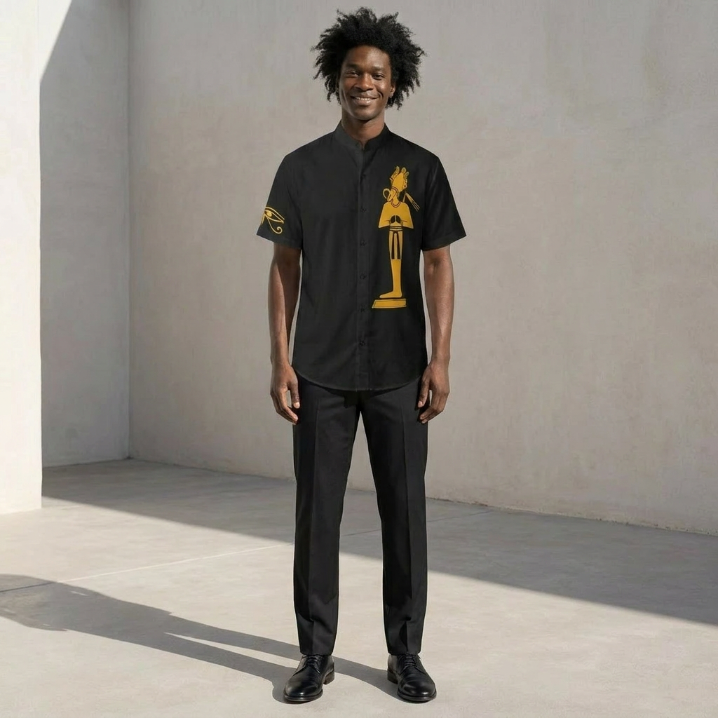 Stand Up Collar Shirt | Osiris Gold Print Ghana Ground | Kinky Nomad