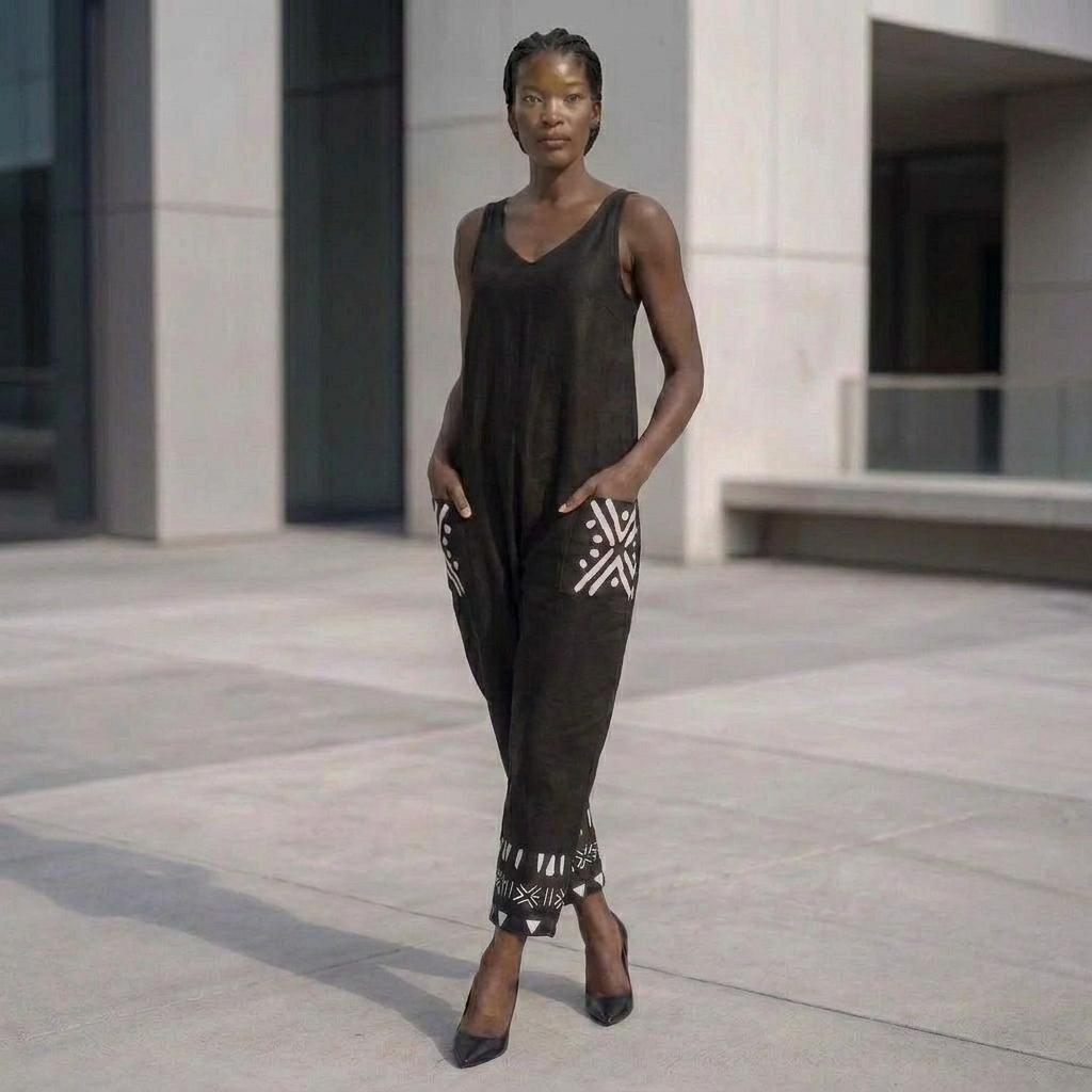 Bogolan Print V-Neck Jumpsuit | Afro Boho | Mud Cloth | Kinky Nomad