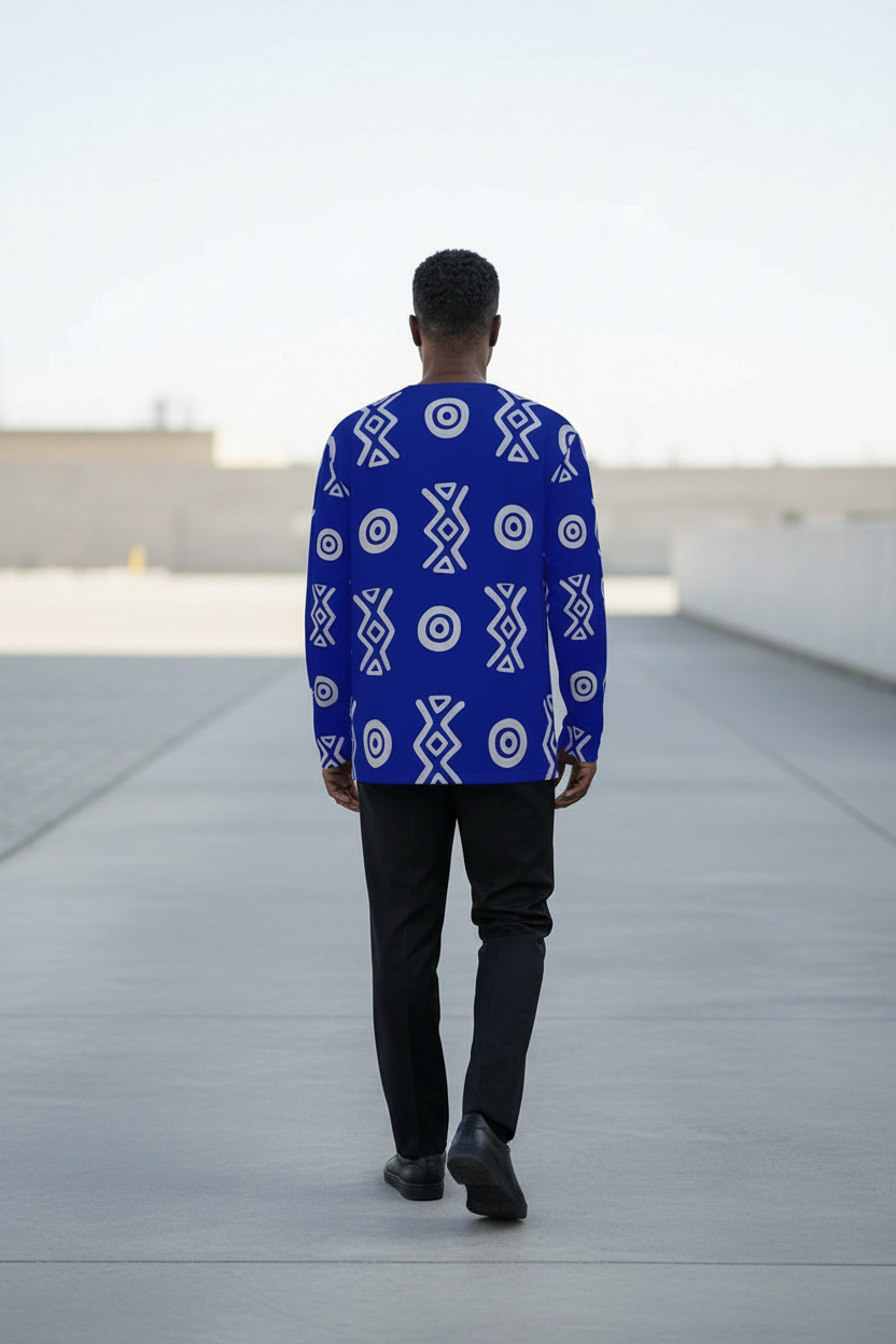 African Linen Shirt | Adinkra-Inspired Geometric Long Sleeve | Savanna Collection | Kinky Nomad