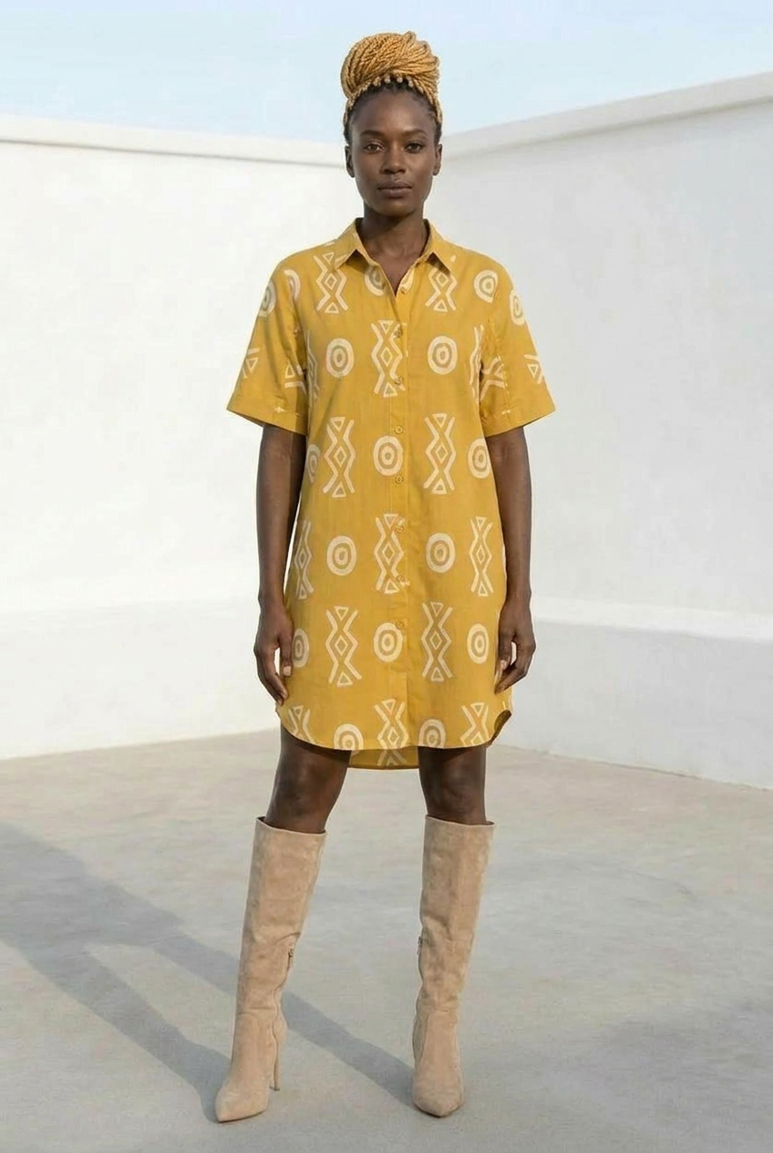 Button Front Shirt Dress | Angles Savanna Indigo Gold | Kinky Nomad