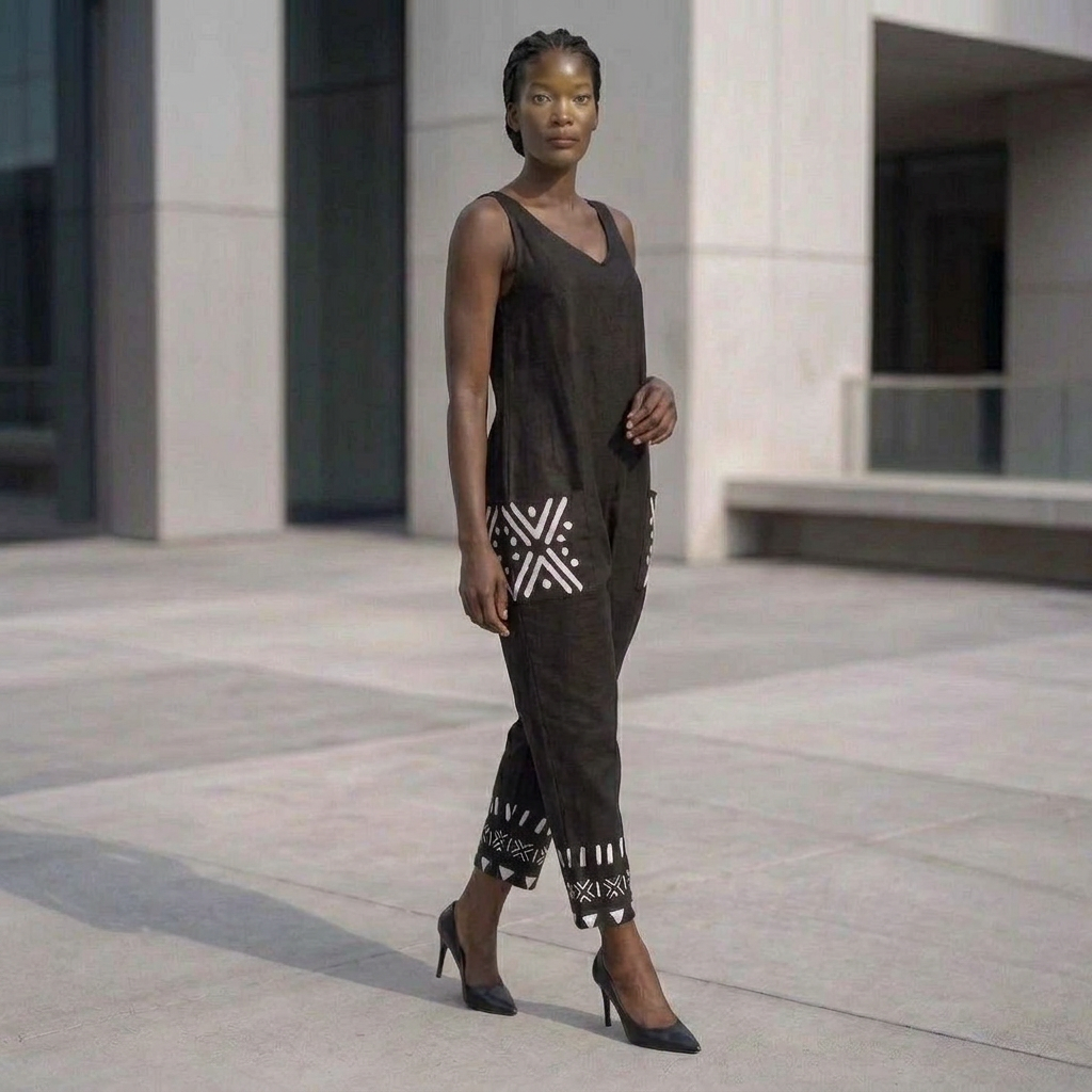 Bogolan Print V-Neck Jumpsuit | Afro Boho | Mud Cloth | Kinky Nomad