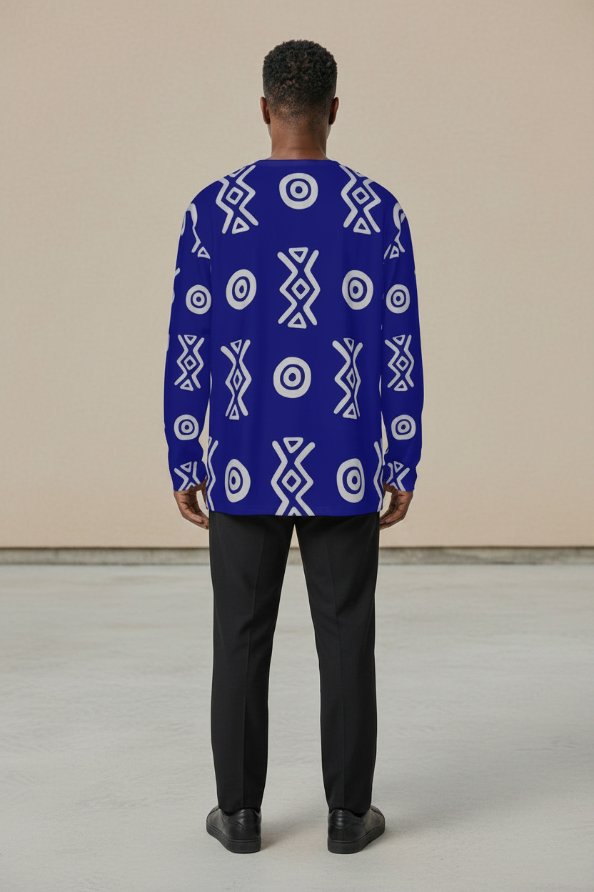 African Linen Shirt | Adinkra-Inspired Geometric Long Sleeve | Savanna Collection | Kinky Nomad