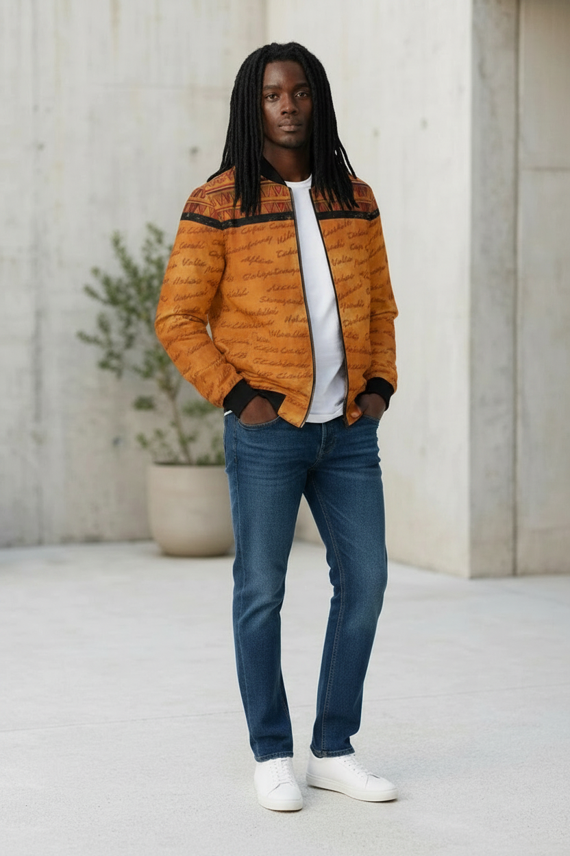 Ghana Print Bomber Jacket | All Roads Lead to Ghana | Kinky Nomad