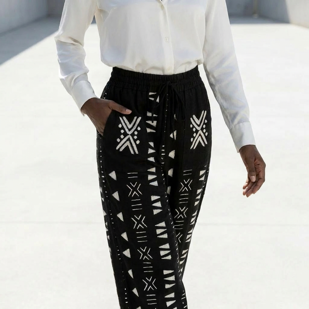 Printed Wide Leg Pants | Angles Bogolan Ghana Ground | Kinky Nomad