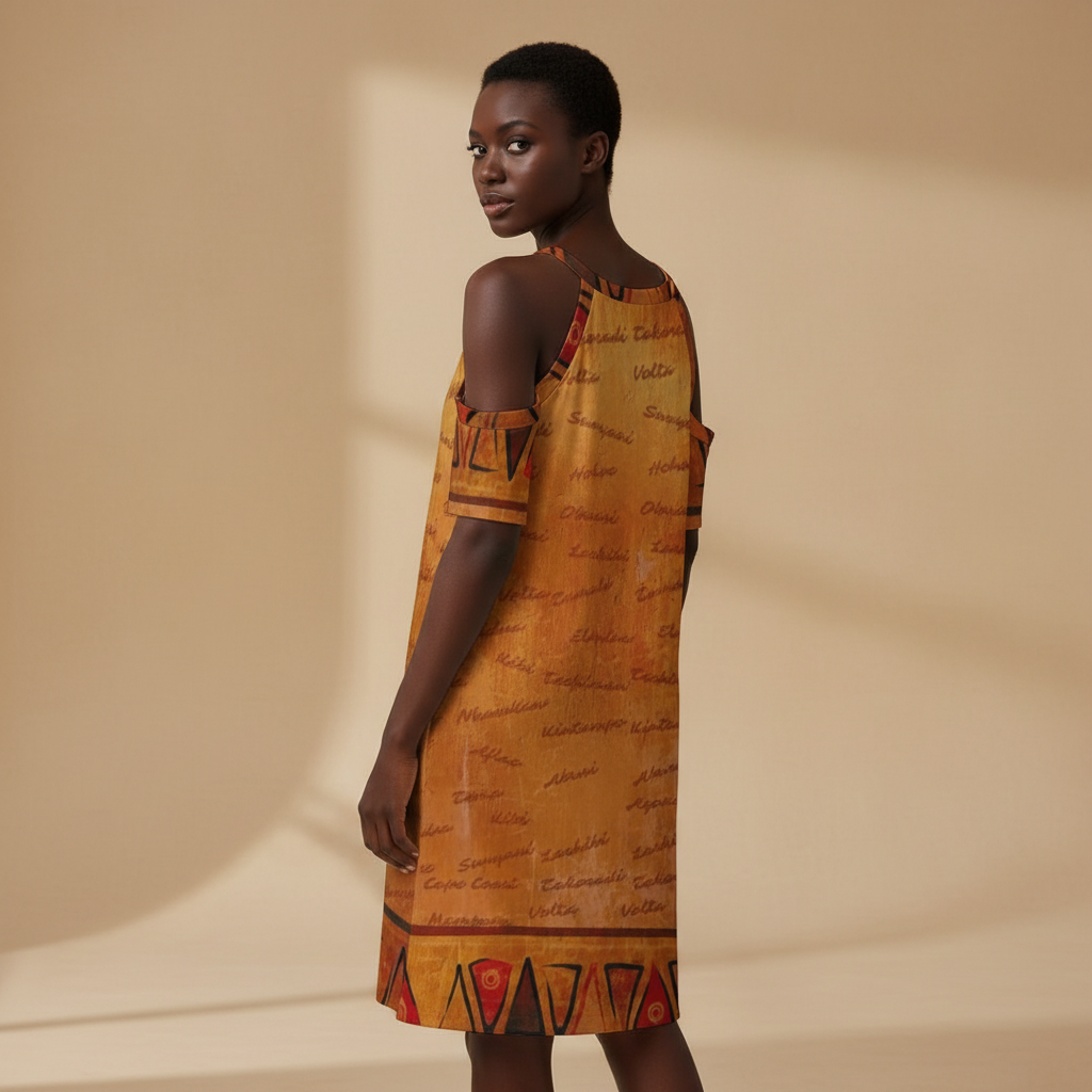 Ghana Inspired African Print Cold Shoulder Dress | Kinky Nomad