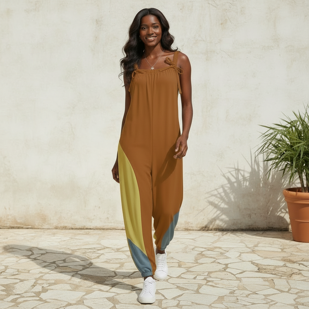 Mod Color Block Baggy Jumpsuit for Women | Retro Inspired Bow Strap Romper | Loose Fit Harem Jumpsuit with Pockets | Boho Casual Overalls