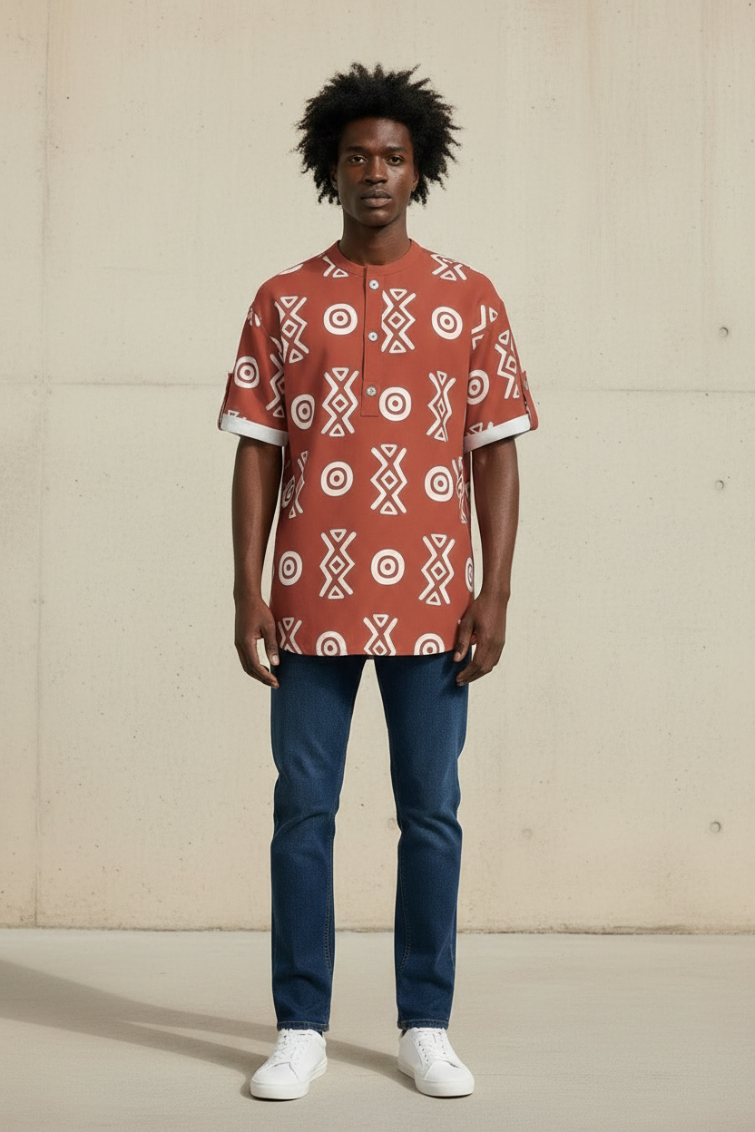 African Henley Shirt | Savanna Earth Adinkra-Inspired Short Sleeve | Savanna Collection | Kinky Nomad