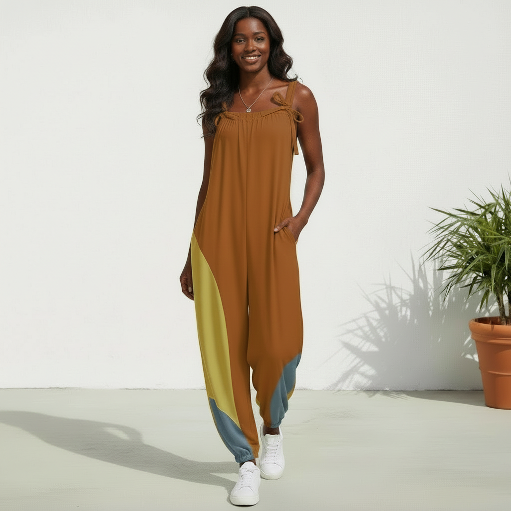 Mod Color Block Baggy Jumpsuit for Women | Retro Inspired Bow Strap Romper | Loose Fit Harem Jumpsuit with Pockets | Boho Casual Overalls