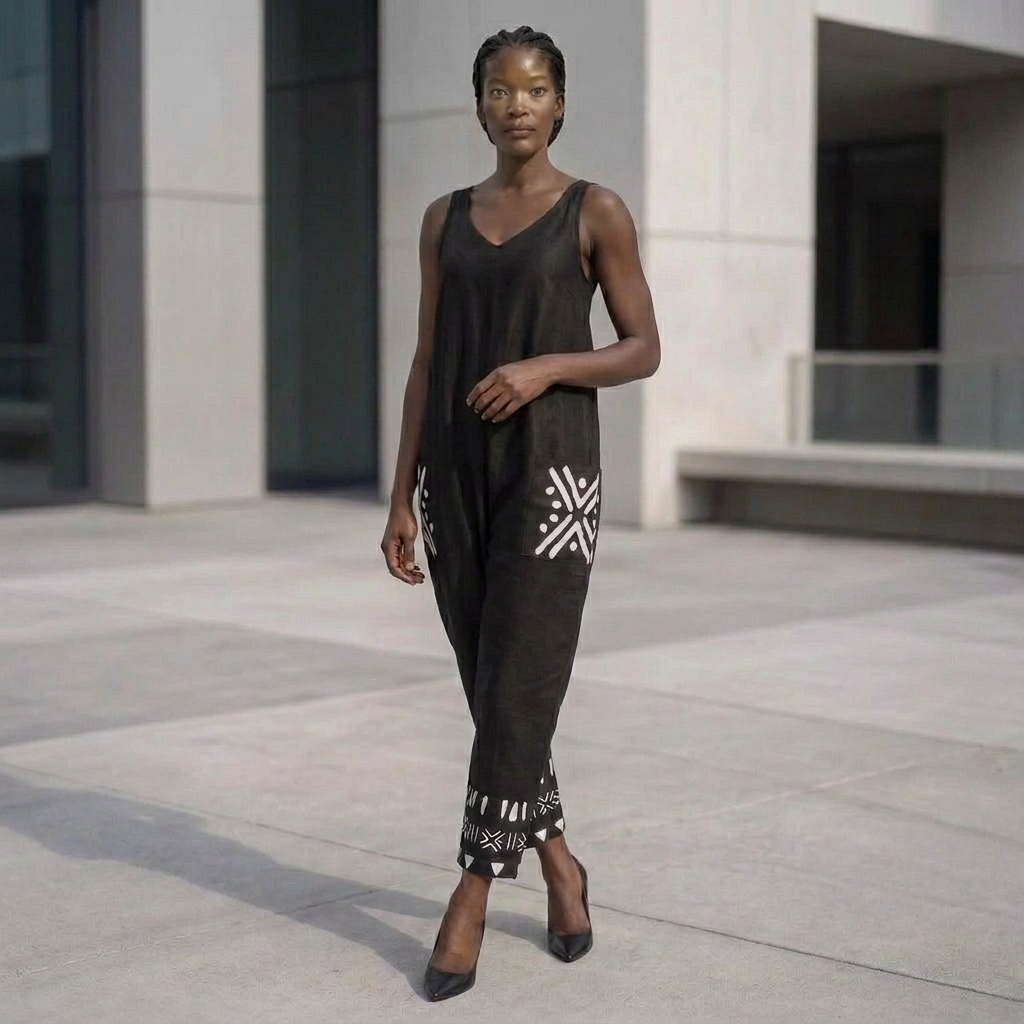 Bogolan Print V-Neck Jumpsuit | Afro Boho | Mud Cloth | Kinky Nomad