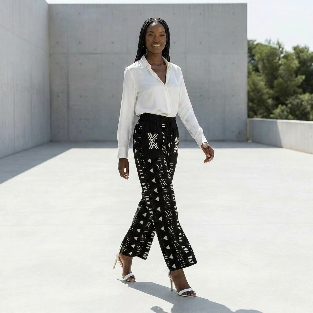 Printed Wide Leg Pants | Angles Bogolan Ghana Ground | Kinky Nomad