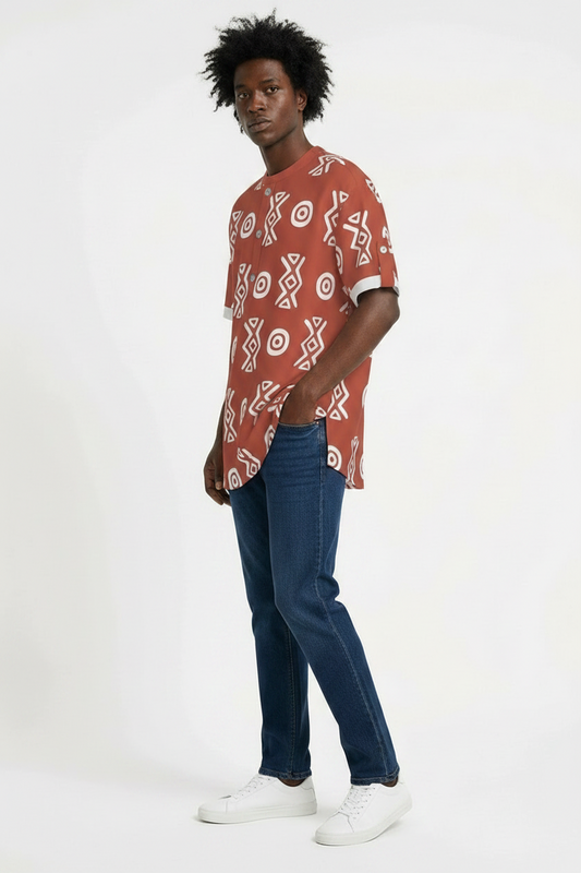 African Henley Shirt | Savanna Earth Adinkra-Inspired Short Sleeve | Savanna Collection | Kinky Nomad