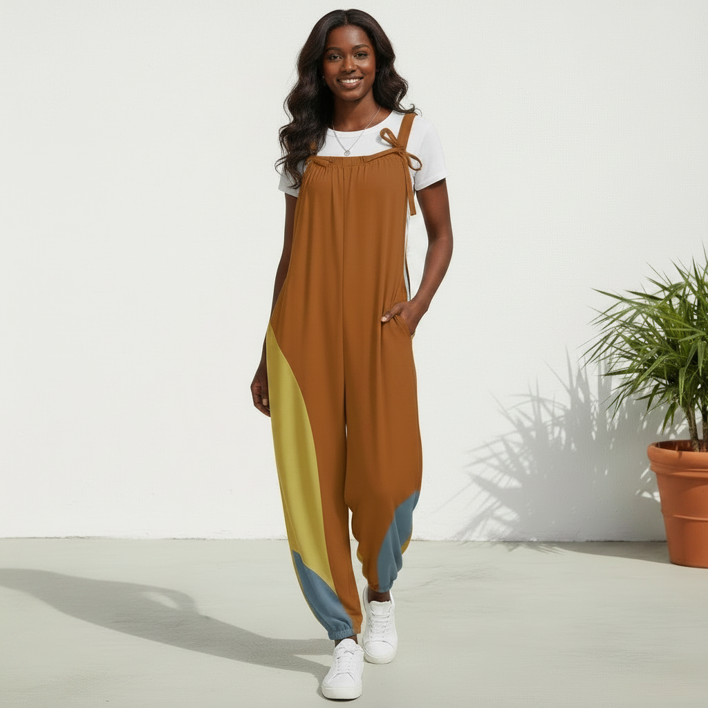 Mod Color Block Baggy Jumpsuit for Women | Retro Inspired Bow Strap Romper | Loose Fit Harem Jumpsuit with Pockets | Boho Casual Overalls