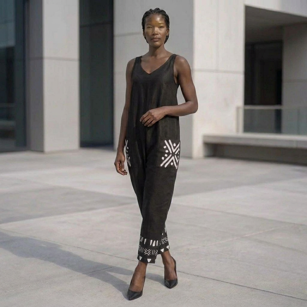 Bogolan Print V-Neck Jumpsuit | Afro Boho | Mud Cloth | Kinky Nomad