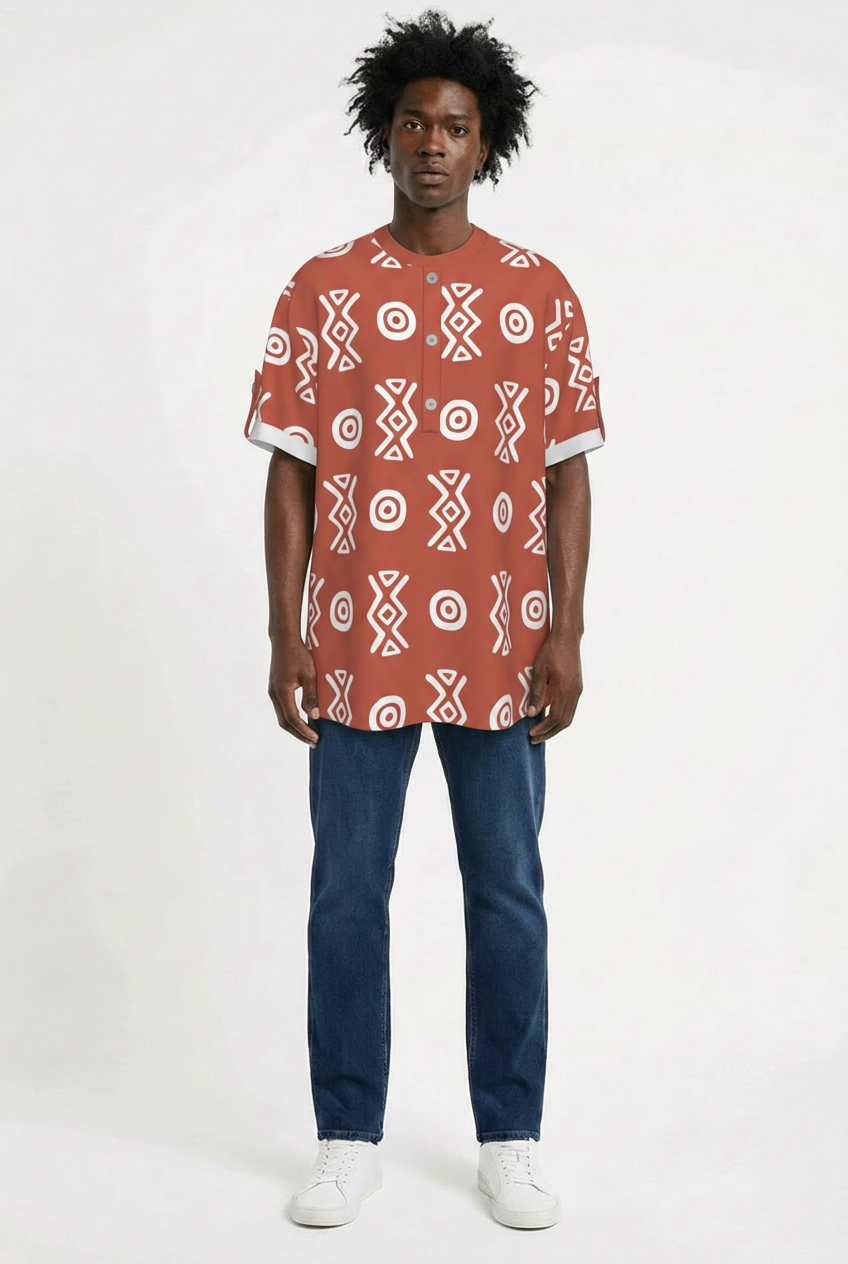 African Henley Shirt | Savanna Earth Adinkra-Inspired Short Sleeve | Savanna Collection | Kinky Nomad