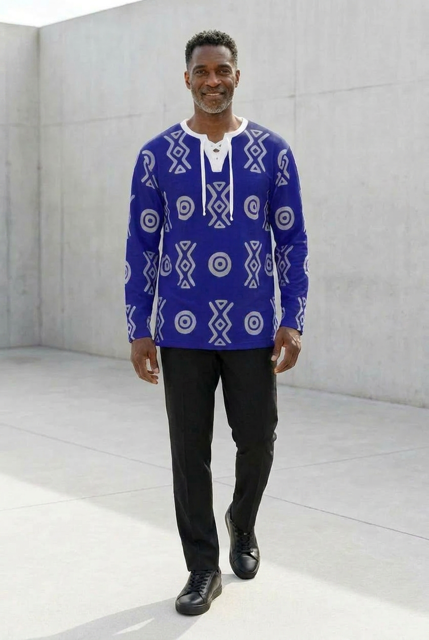 African Linen Shirt | Adinkra-Inspired Geometric Long Sleeve | Savanna Collection | Kinky Nomad