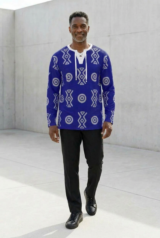 African Linen Shirt | Adinkra-Inspired Geometric Long Sleeve | Savanna Collection | Kinky Nomad