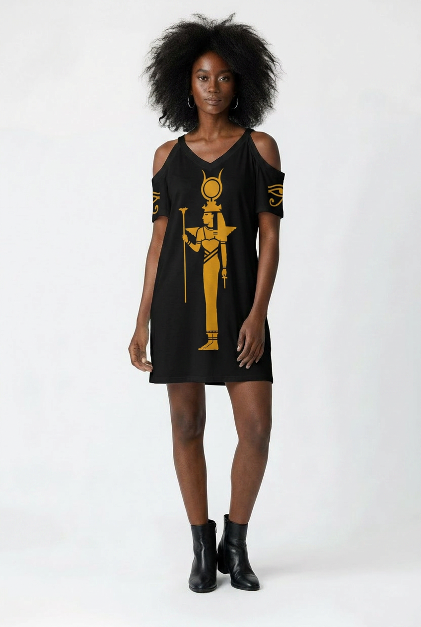 Isis Dress | Egyptian Goddess Cold Shoulder Dress | Kemet Collection | Kinky Nomad