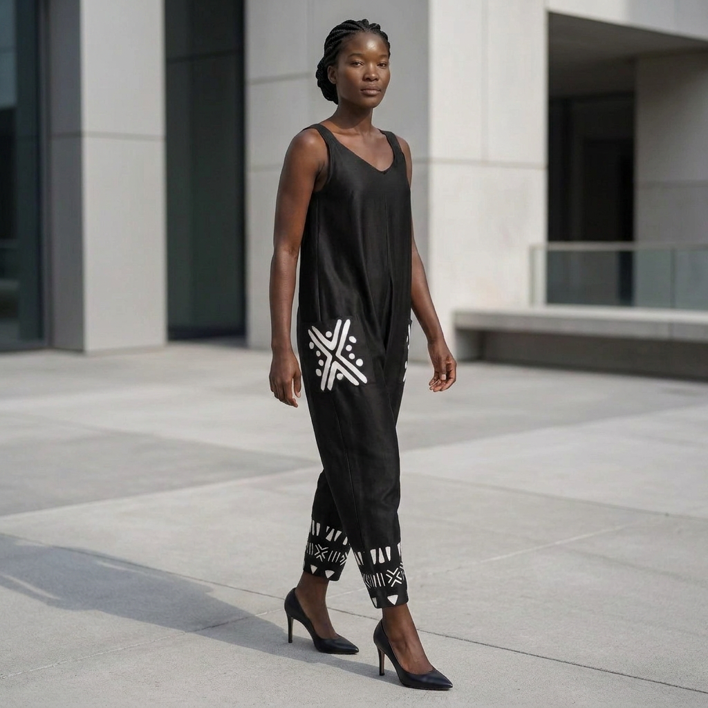 Bogolan Print V-Neck Jumpsuit | Afro Boho | Mud Cloth | Kinky Nomad