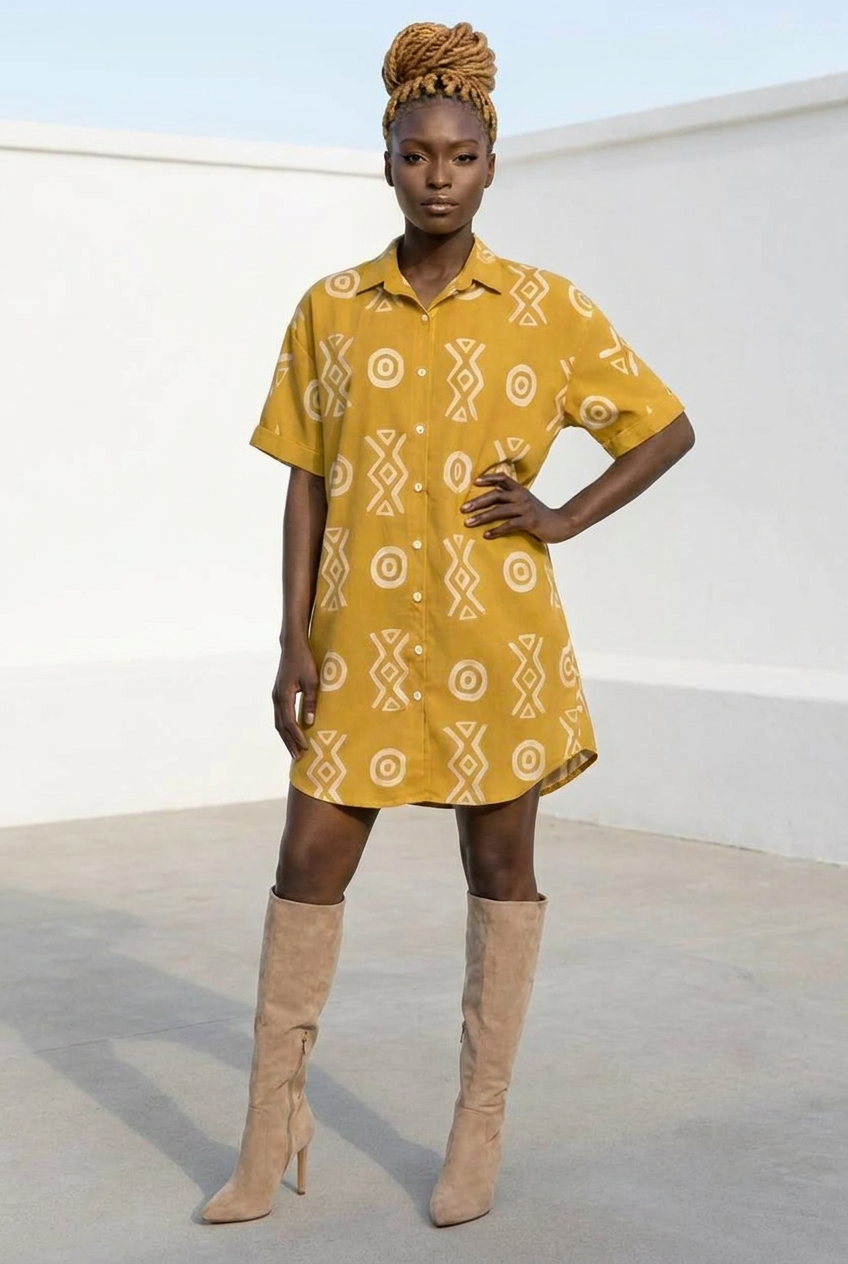 Button Front Shirt Dress | Angles Savanna Indigo Gold | Kinky Nomad
