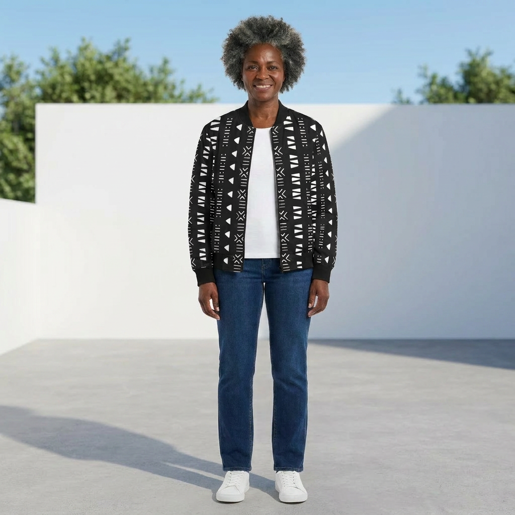 Women's Bomber Jacket | Angles Bogolan Ghana Isis | Kinky Nomad