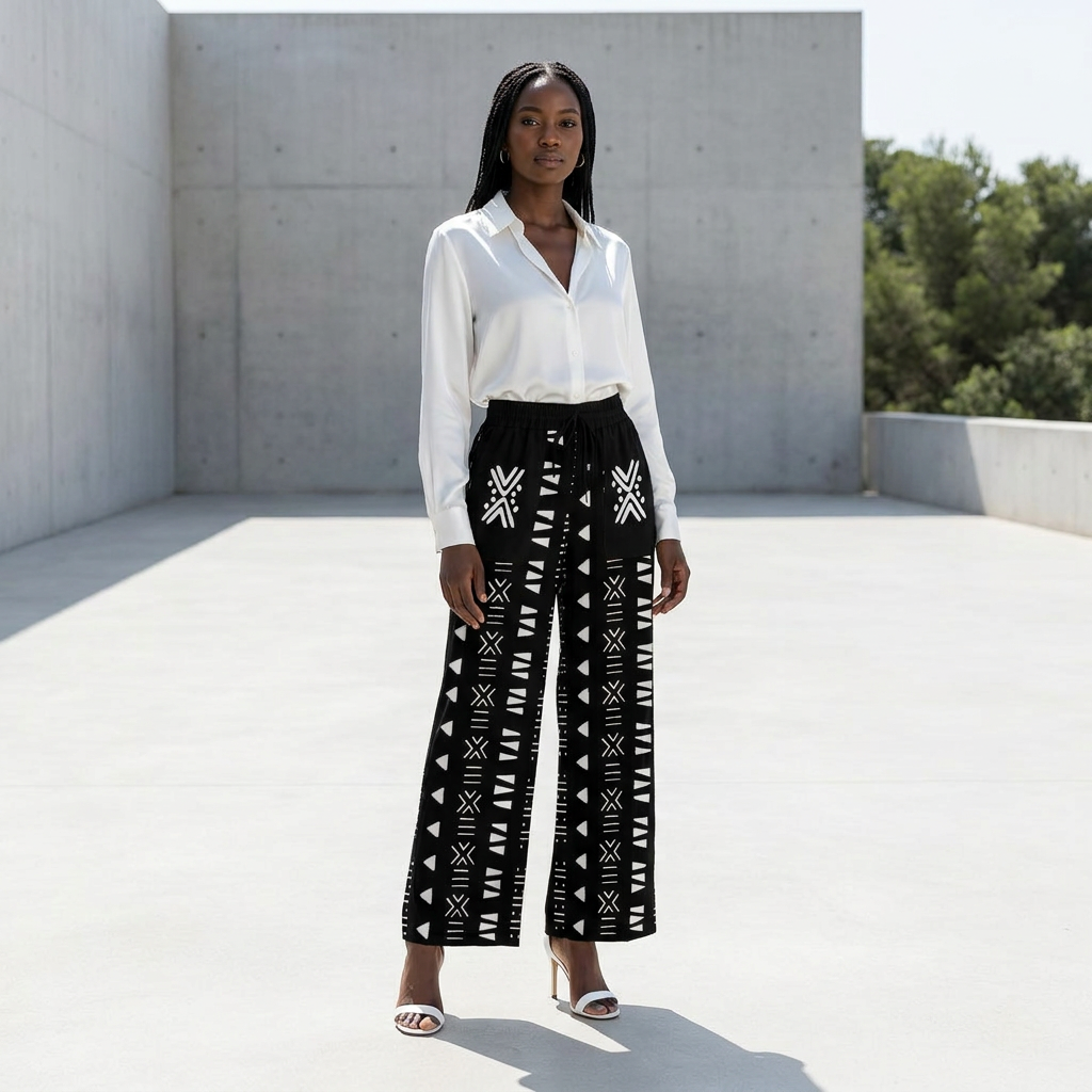 Printed Wide Leg Pants | Angles Bogolan Ghana Ground | Kinky Nomad