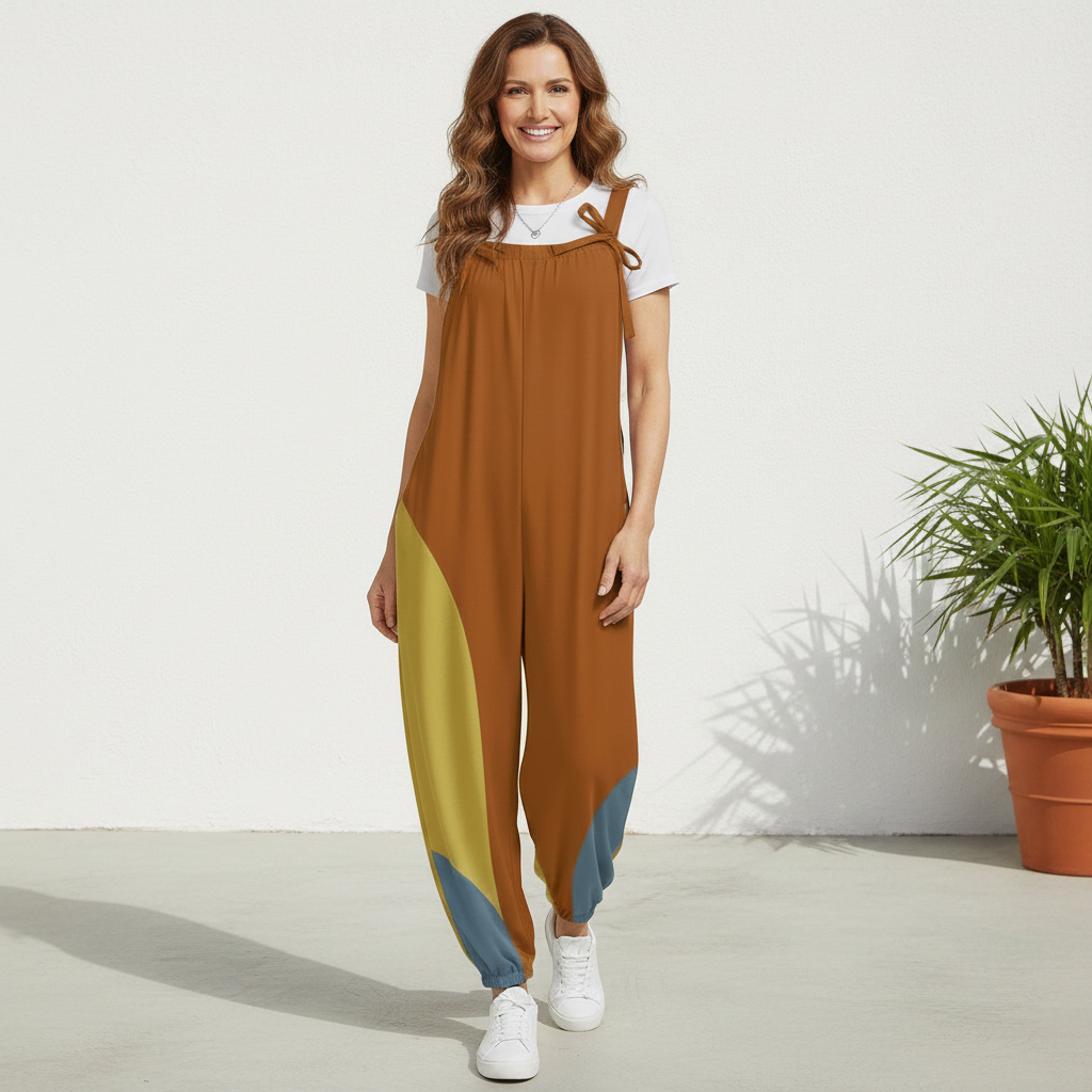 Mod Color Block Baggy Jumpsuit for Women | Retro Inspired Bow Strap Romper | Loose Fit Harem Jumpsuit with Pockets | Boho Casual Overalls