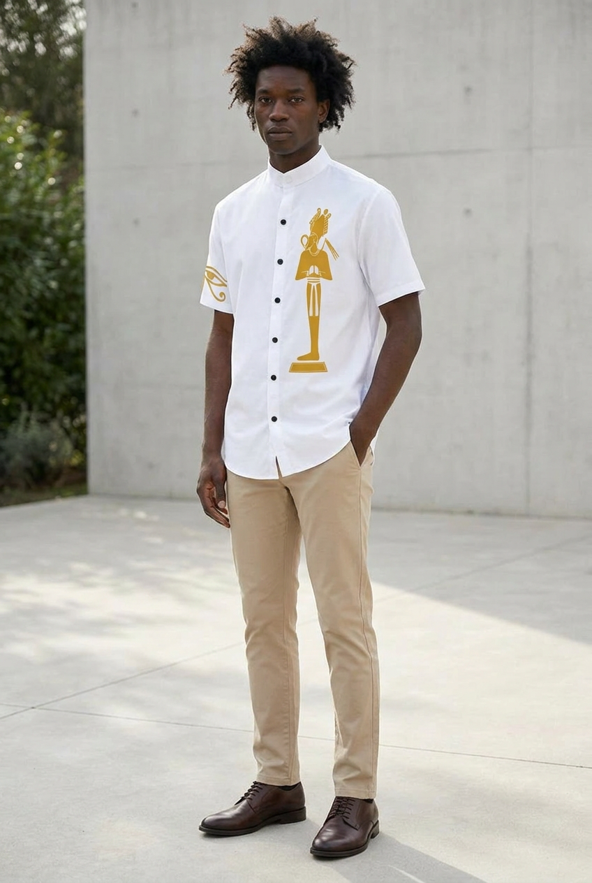Stand Up Collar Shirt | Osiris Gold Print Ghana Ground | Kinky Nomad